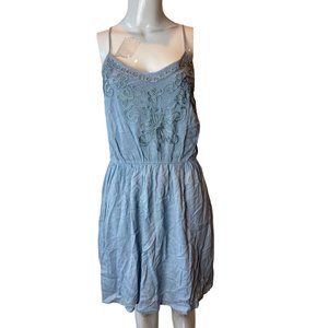 NWT Miami Womens Tiered Empire Waist Mini Dress lined Embroidered Neck Blue SZ M
